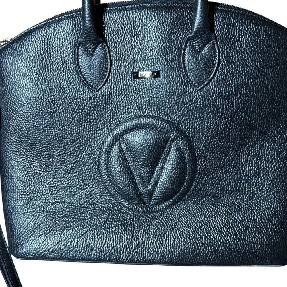 Valentino Mario Valentino Black Pebbled Leather Large Dome Satchel Crossbody Bag